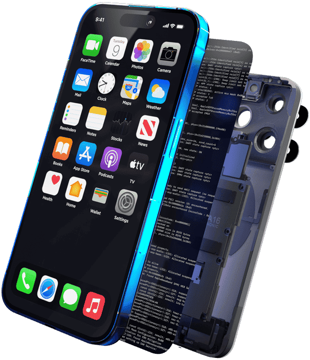 Visual representation of the iPhone being deconstructed into various pieces of the device